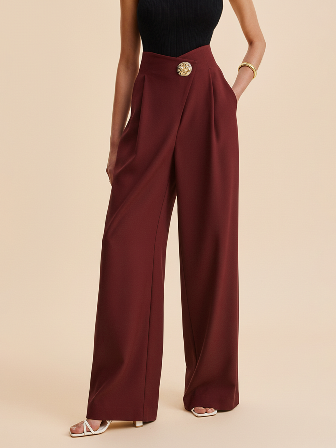Embellished High-Waist Wide-Leg Pants  Liora Lane Boutique Pants Burgundy / XL 54.00