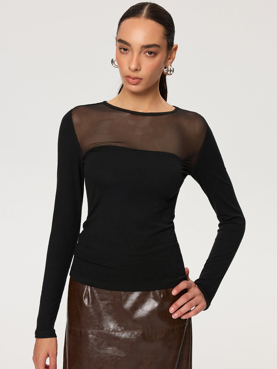 Sheer Panel Long Sleeve T-Shirt  Liora Lane Boutique T-Shirts