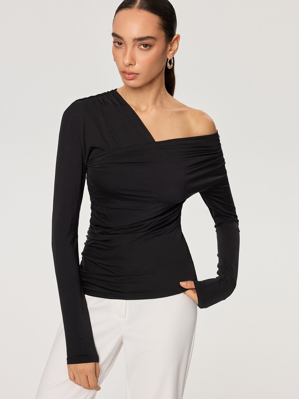 Off-Shoulder Ruched T-Shirt  Liora Lane Boutique T-Shirts