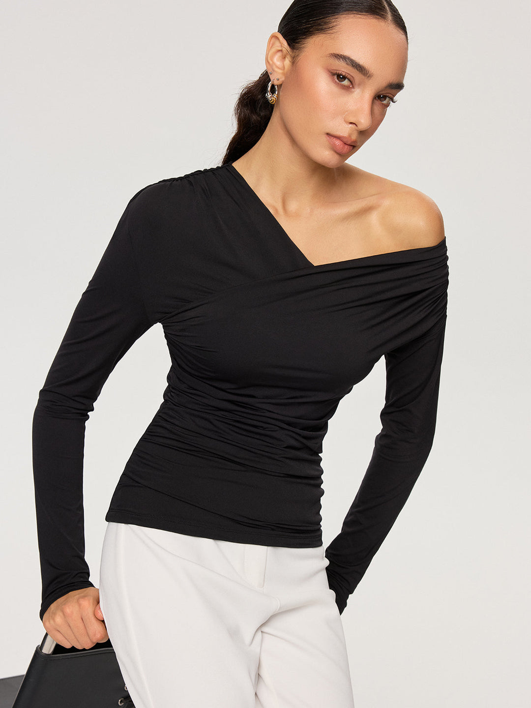Off-Shoulder Ruched T-Shirt  Liora Lane Boutique T-Shirts Black / XL 32.00