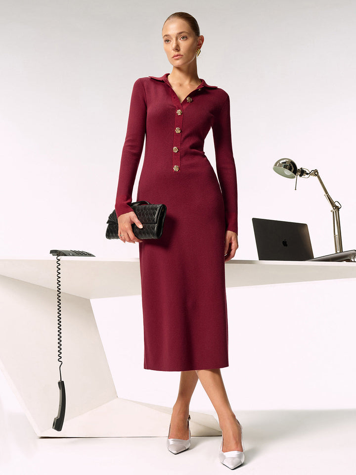 Shirt Collar Metal Button Knit Maxi Dress  Liora Lane Boutique Sweater Dresses Burgundy / XL 157.99