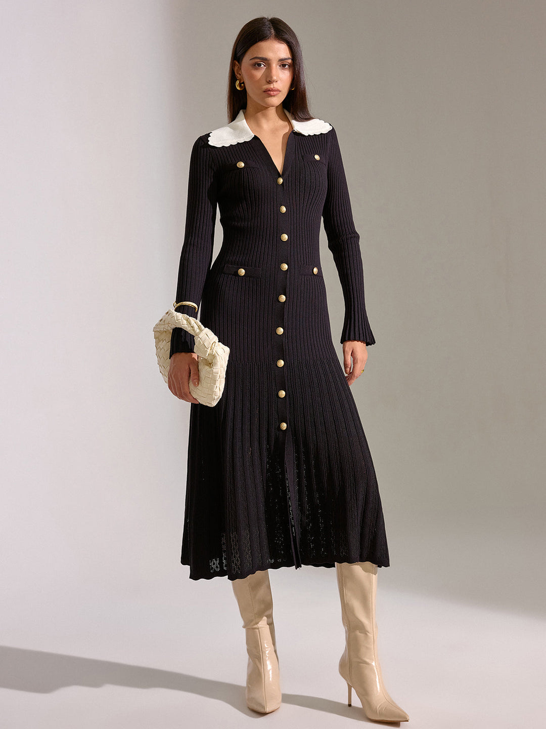 V-neck Collared Button Knitted Dress  Liora Lane Boutique Sweater Dresses Black / XL 162.99
