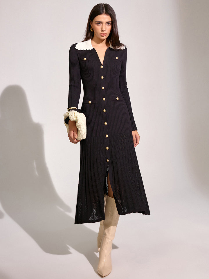 V-neck Collared Button Knitted Dress  Liora Lane Boutique Sweater Dresses