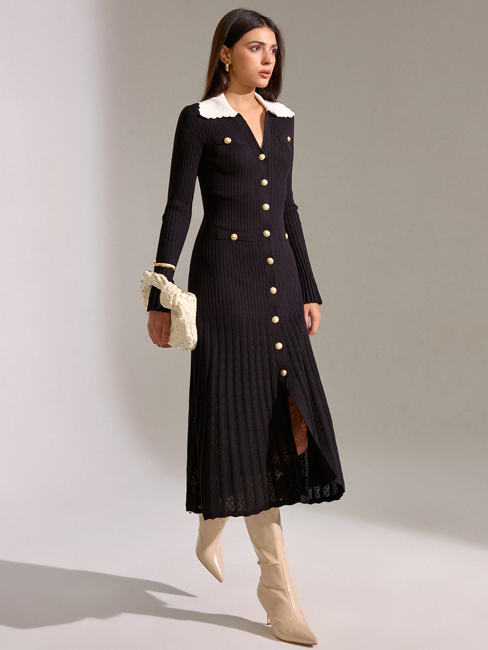 V-neck Collared Button Knitted Dress  Liora Lane Boutique Sweater Dresses