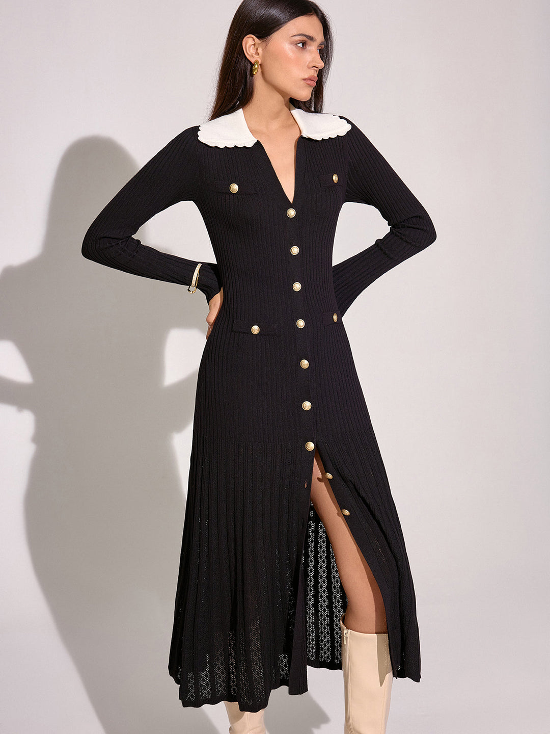 V-neck Collared Button Knitted Dress  Liora Lane Boutique Sweater Dresses