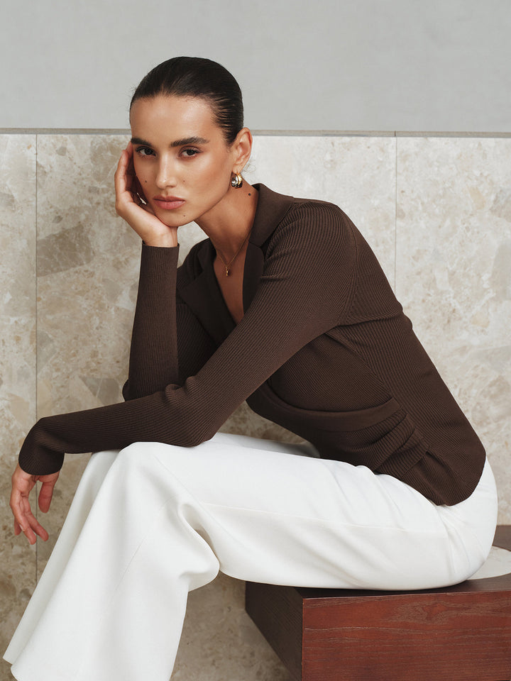 Ribbed Knit Collared Top  Liora Lane Boutique Knit Tops