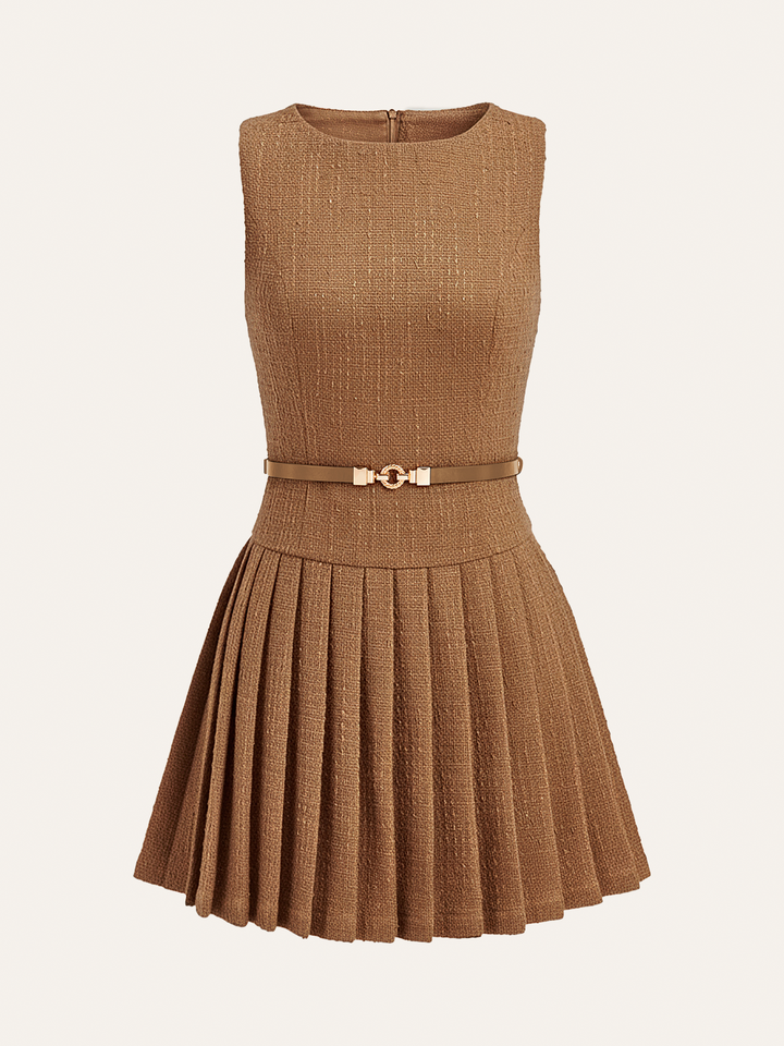 Tweed Sleeveless Pleated Mini Dress with Belt  Liora Lane Boutique Dresses Camel / XL 68.00
