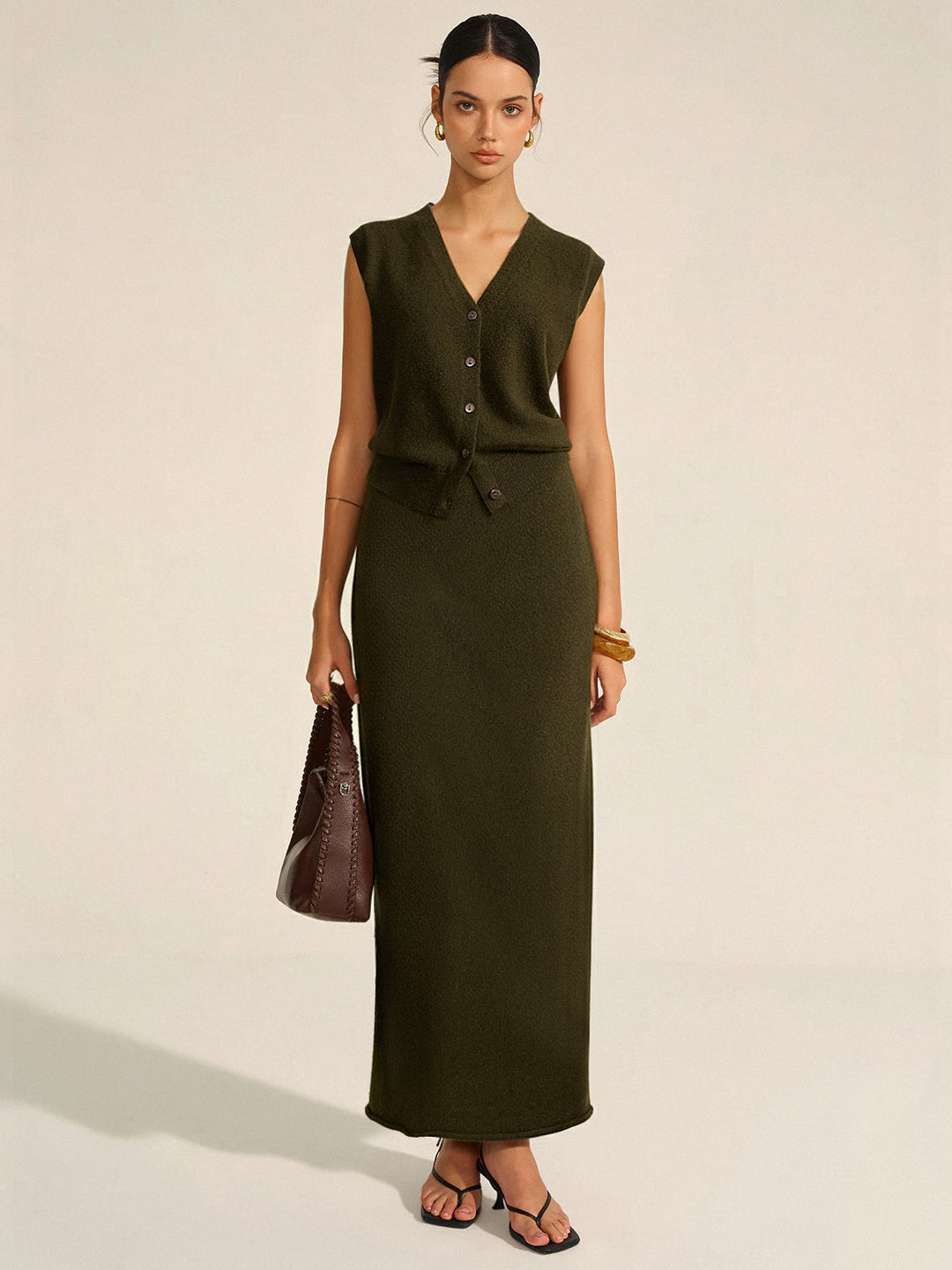 Wool Blend Knit Vest and Maxi Skirt Set  Liora Lane Boutique Sweater Co-ords ArmyGreen / XL 69.00