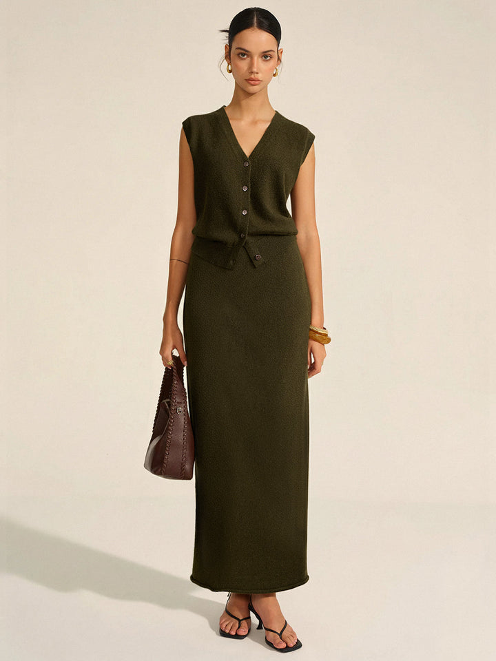 Wool Blend Knit Vest and Maxi Skirt Set  Liora Lane Boutique Sweater Co-ords ArmyGreen / XL 69.00
