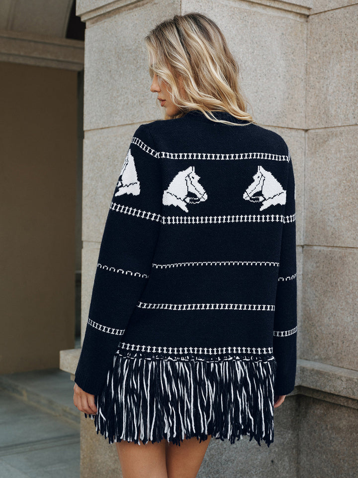 Horse-Pattern Wool Blend Fringe Cardigan  Liora Lane Boutique Cardigans