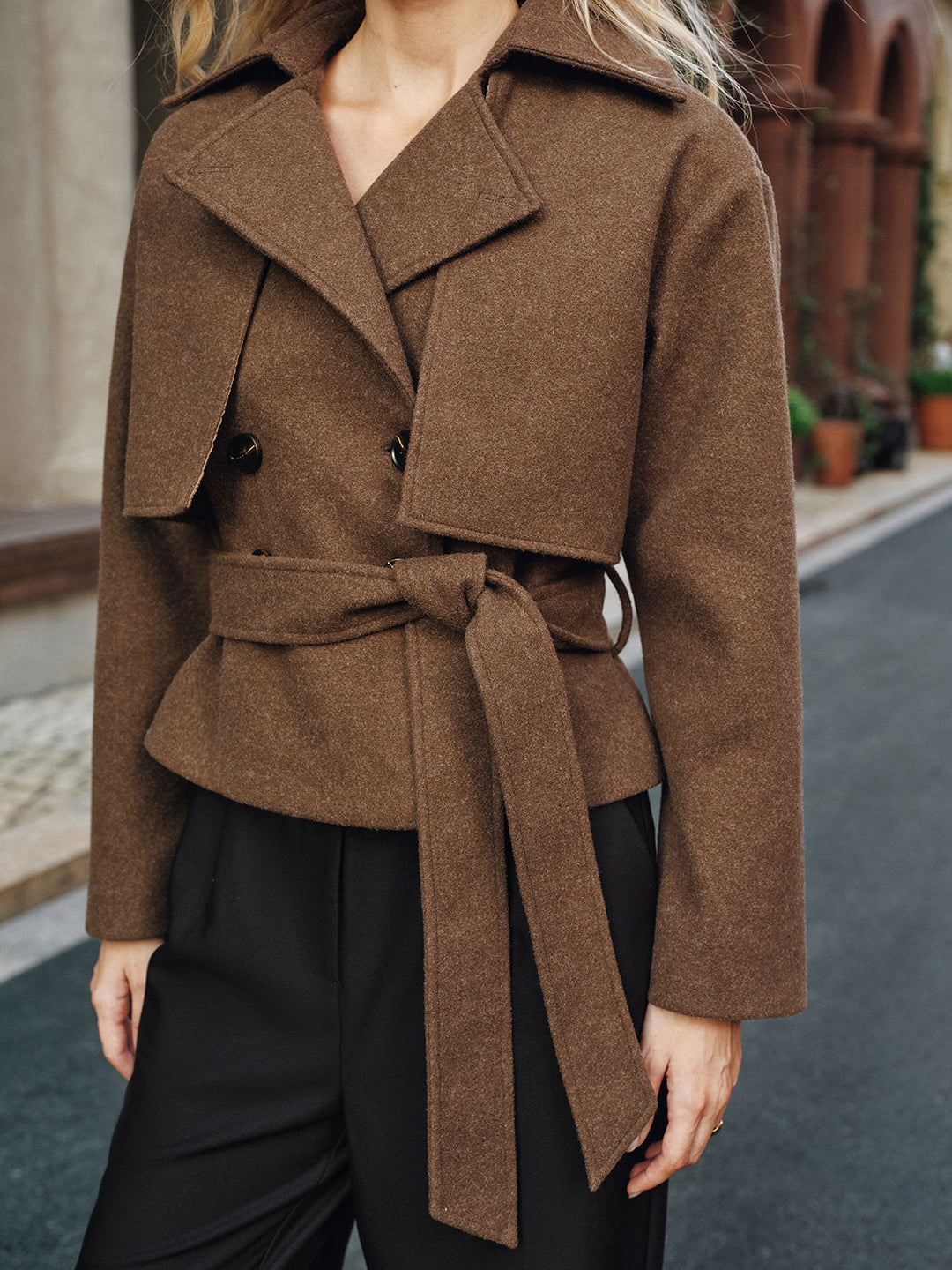 Belted Double-Breasted Tweed Coat  Liora Lane Boutique Wool Coats