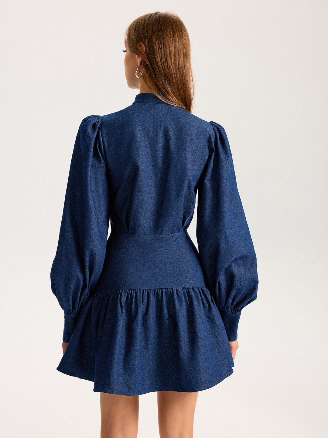 Denim Stand Collar Puff Sleeve Mini Dress  Liora Lane Boutique Dresses