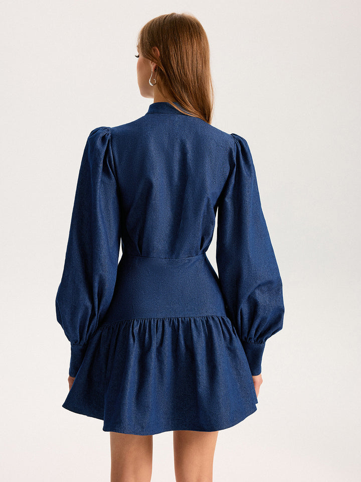 Denim Stand Collar Puff Sleeve Mini Dress  Liora Lane Boutique Dresses