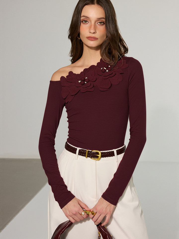 Off-Shoulder 3D Floral Embellished T-Shirt  Liora Lane Boutique T-Shirts