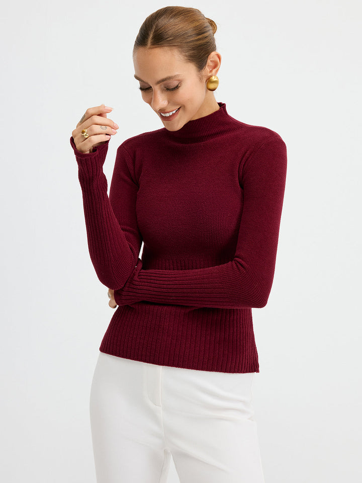 Slim Fit Mock Neck Ribbed Knit Top  Liora Lane Boutique Knit Tops Burgundy / L 39.00
