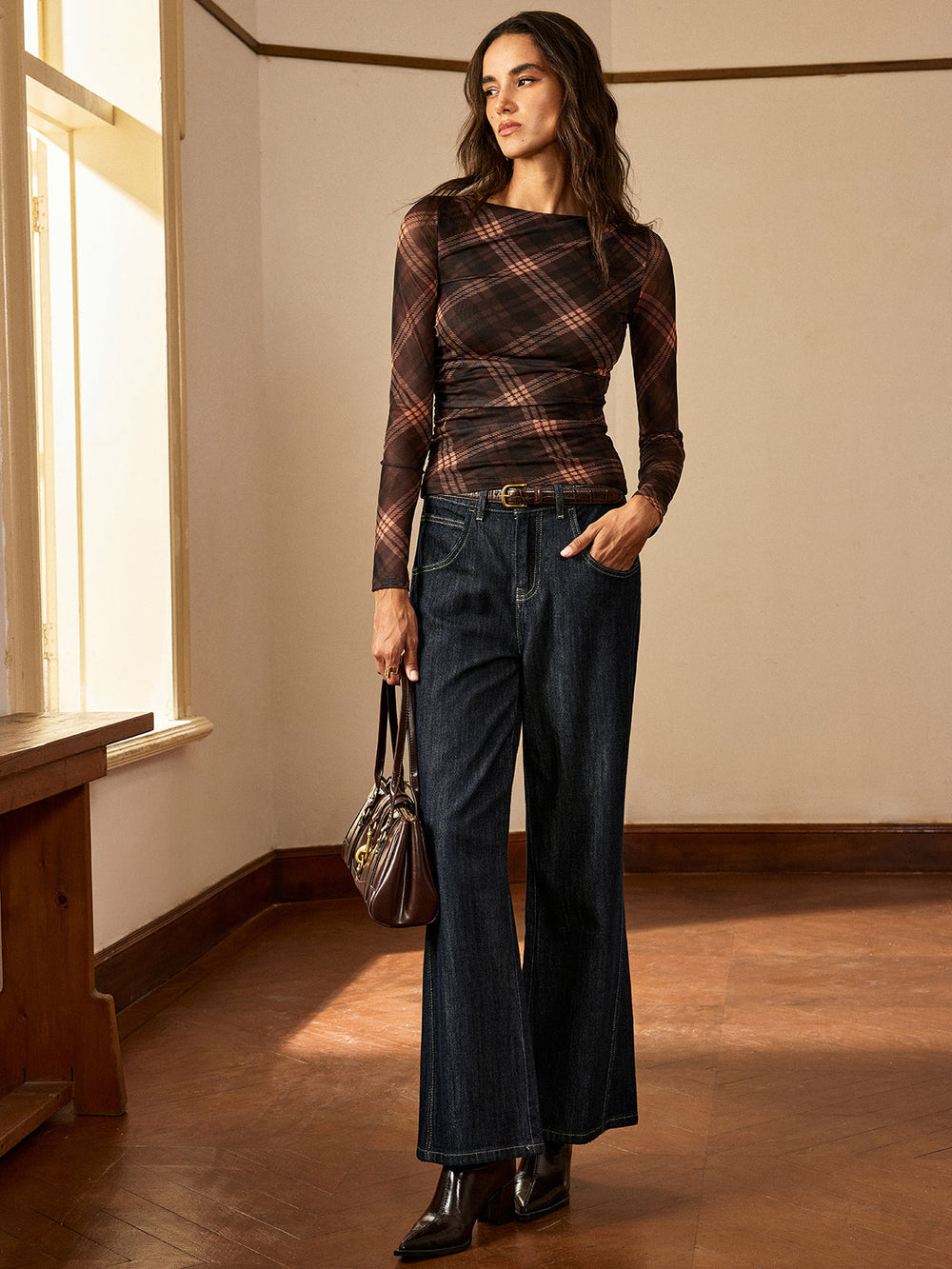 Plaid Mesh Ruched Long Sleeve Top  Liora Lane Boutique T-Shirts