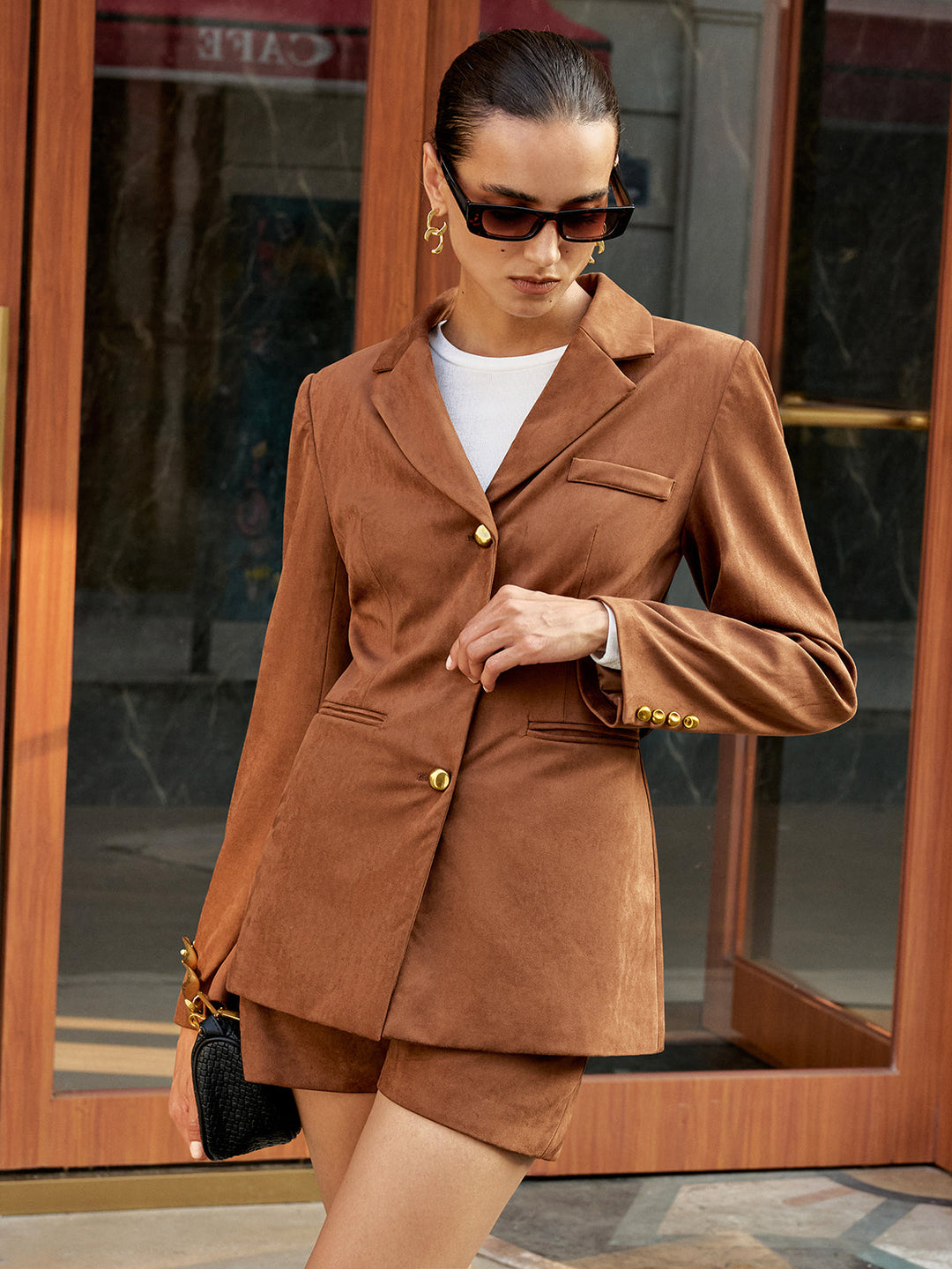 Metal Button Suede Blazer  Liora Lane Boutique Blazers