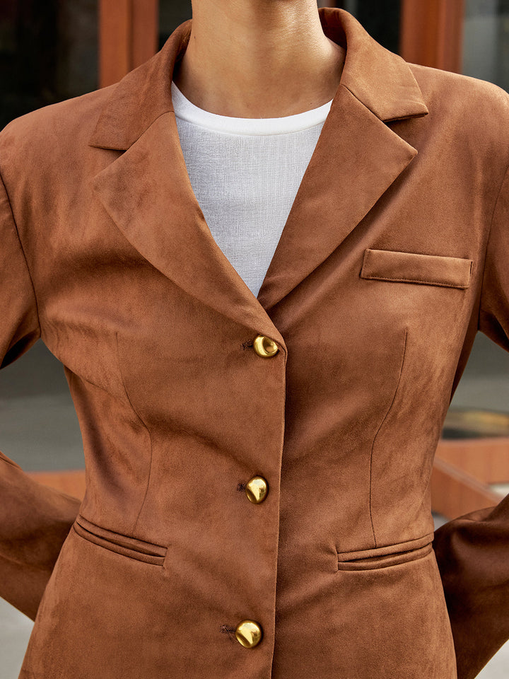 Metal Button Suede Blazer  Liora Lane Boutique Blazers