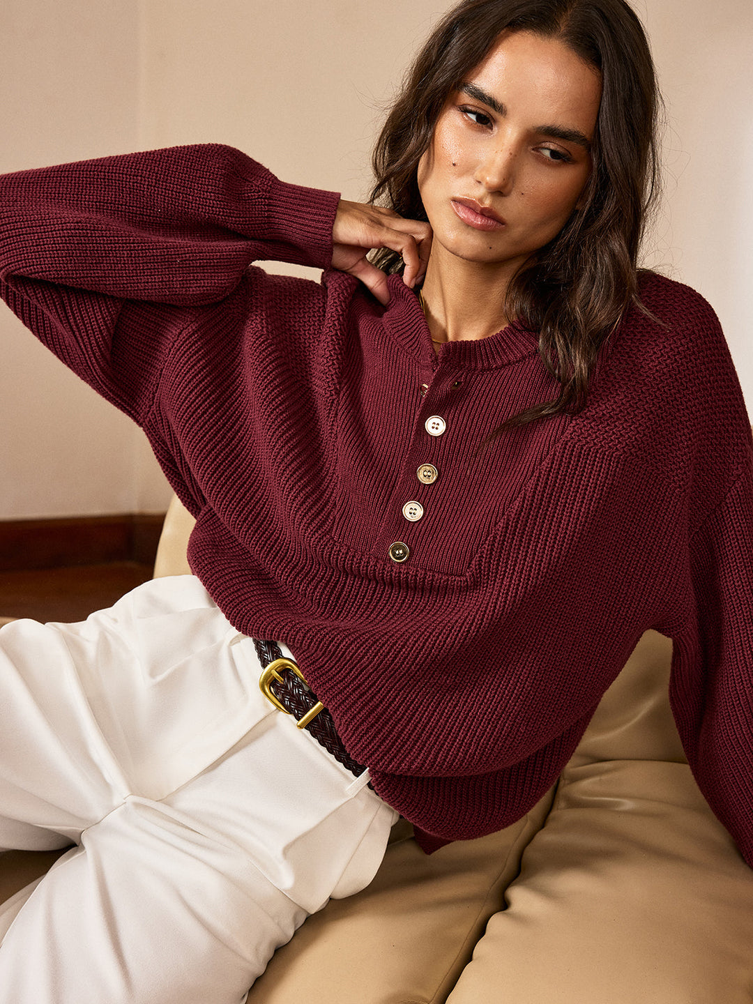 Metal Button-Front Knit Top  Liora Lane Boutique Knit Tops Burgundy / XL 59.00