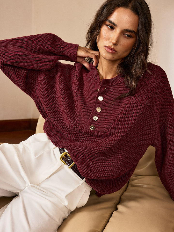 Metal Button-Front Knit Top  Liora Lane Boutique Knit Tops Burgundy / XL 59.00