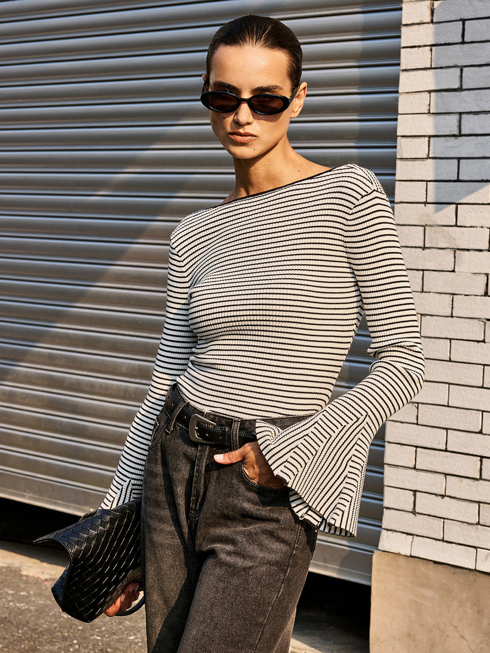Flared Cuff Backless Striped Bodysuit  Liora Lane Boutique Bodysuits