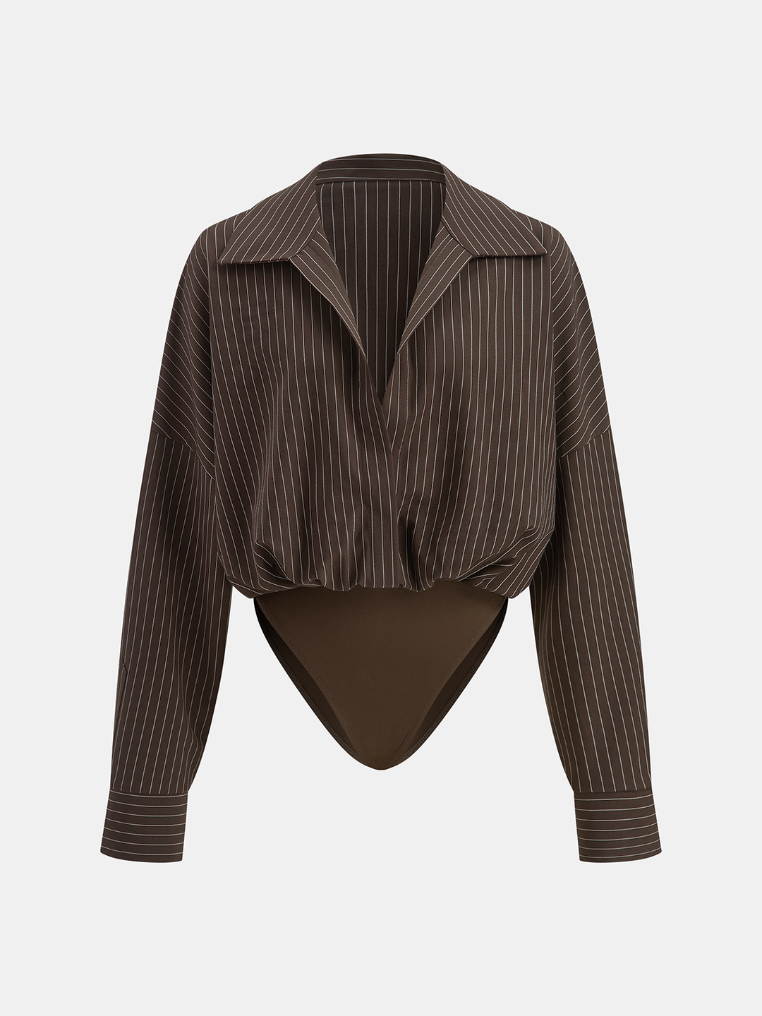 Striped Long-Sleeve Collared Bodysuit  Liora Lane Boutique Bodysuits Dark Brown / XL 42.00