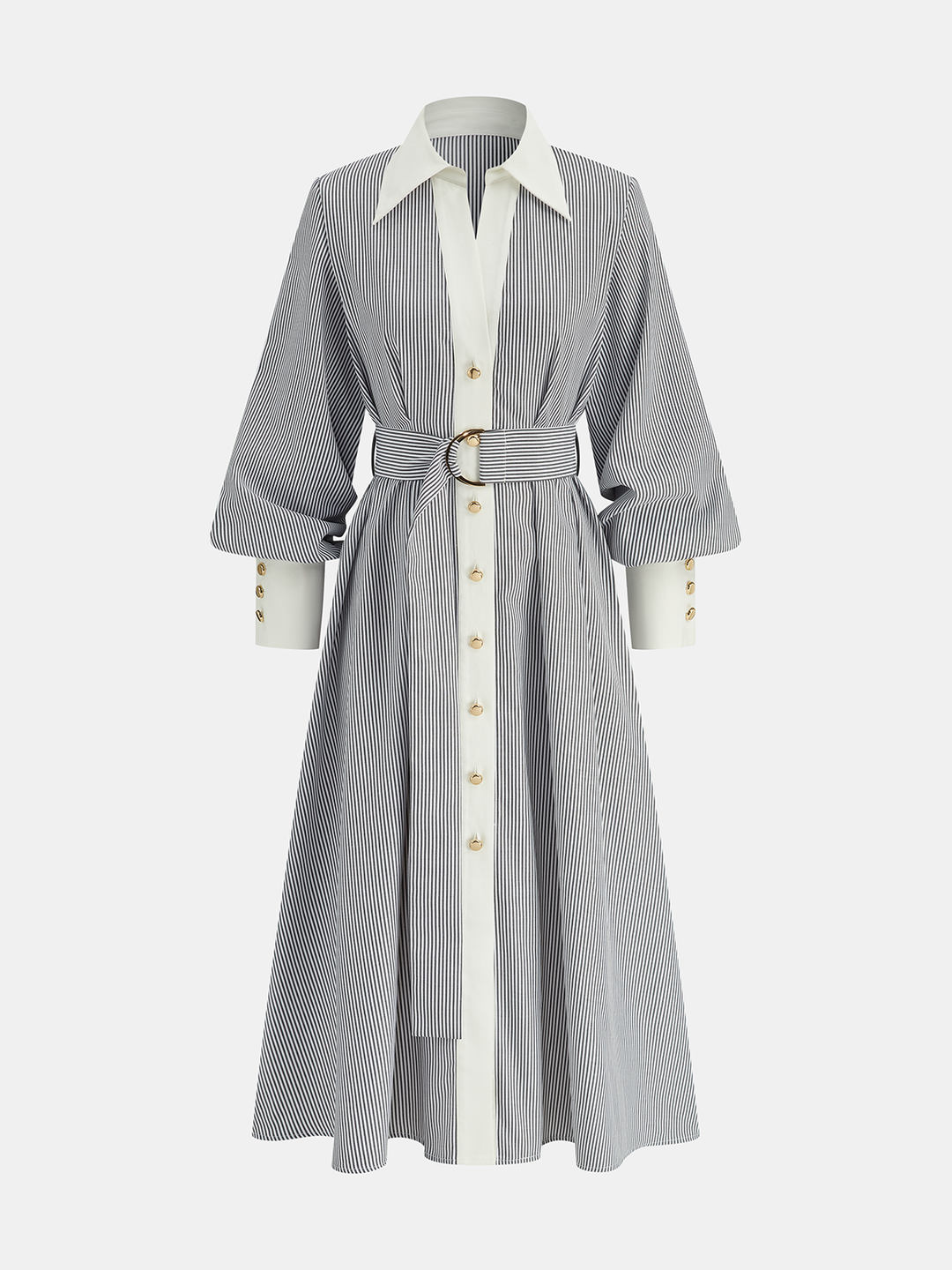 Contrast Trim Striped Belted Shirt Dress  Liora Lane Boutique Dresses Grey / XL 89.99