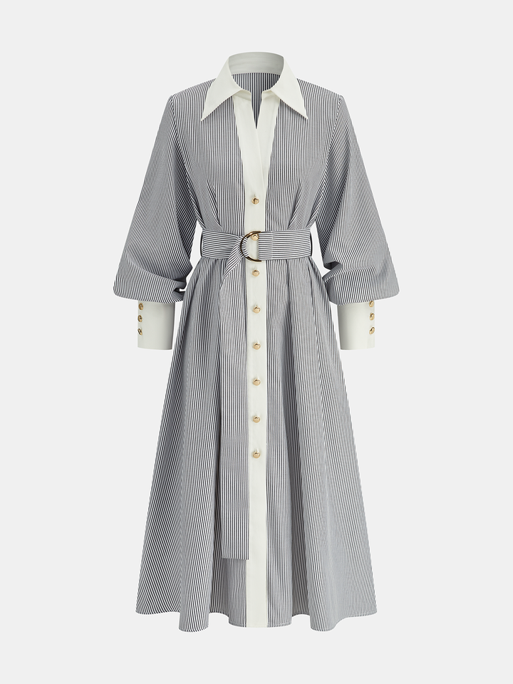 Contrast Trim Striped Belted Shirt Dress  Liora Lane Boutique Dresses Grey / XL 89.99