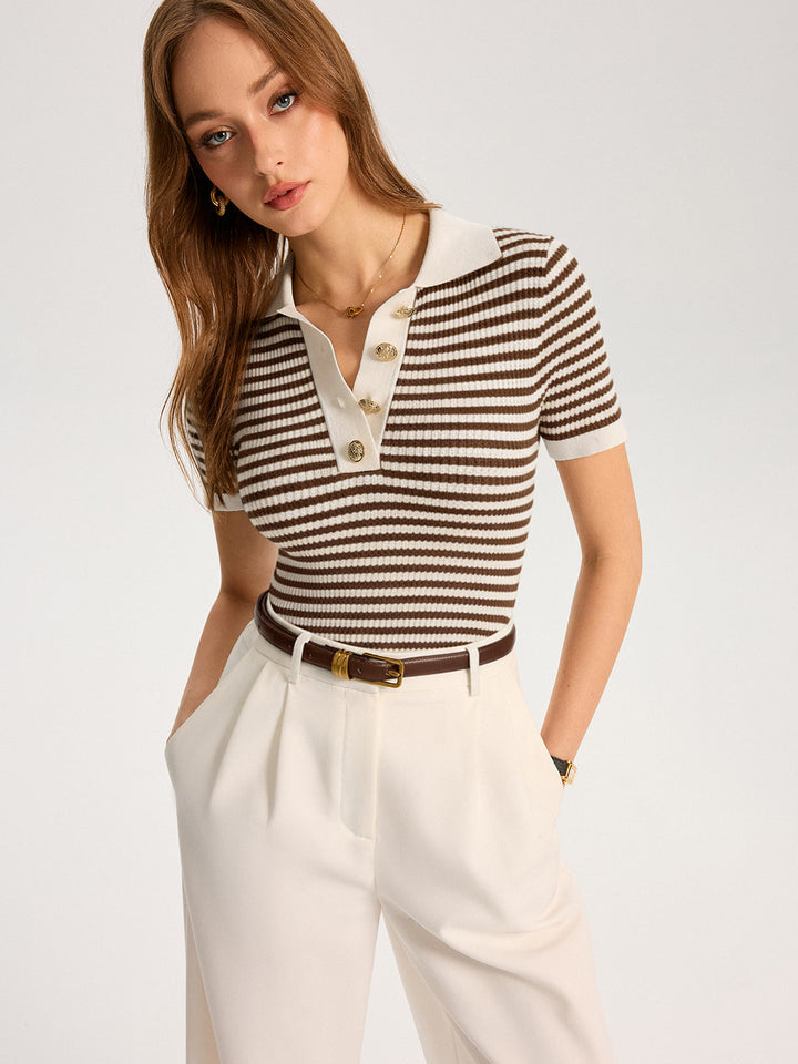 Metal Button Striped Knit Polo Top  Liora Lane Boutique Knit Tops Light Brown / XL 45.00