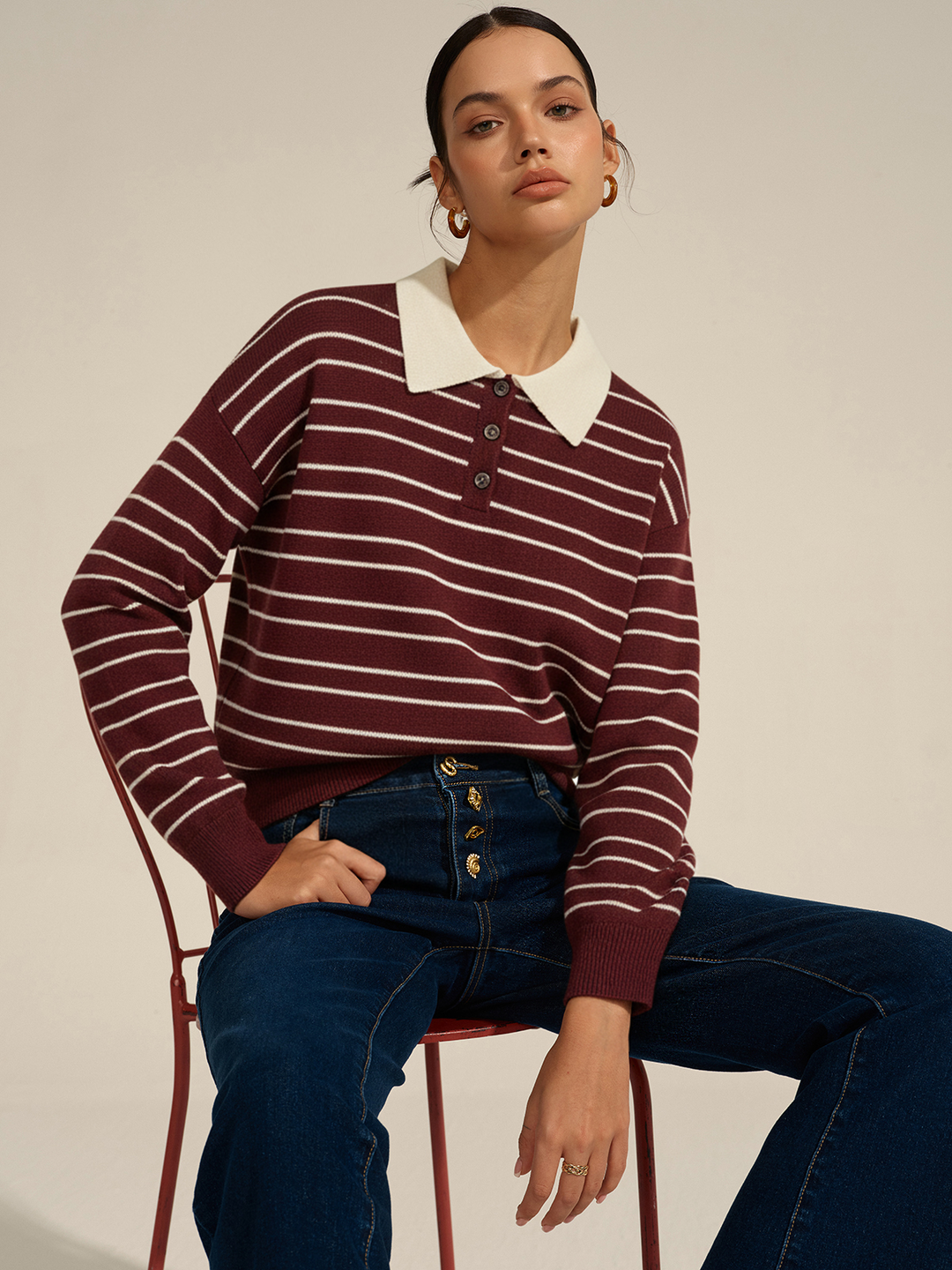 Striped Long Sleeved Knit Polo Top  Liora Lane Boutique Knit Tops Burgundy / XL 125.99