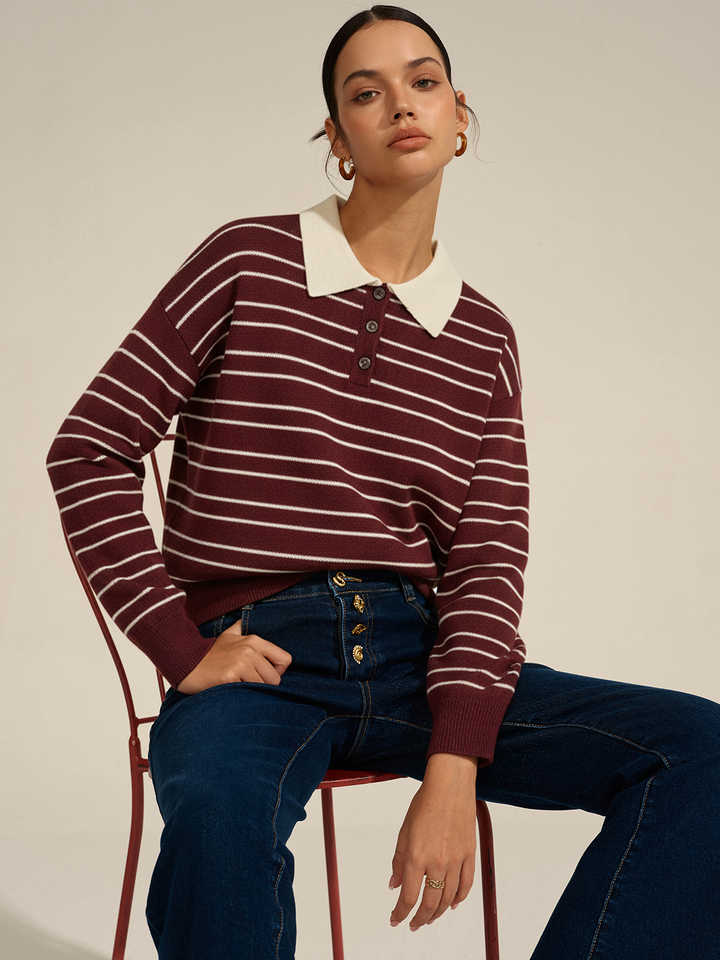 Striped Long Sleeved Knit Polo Top  Liora Lane Boutique Knit Tops Burgundy / XL 125.99