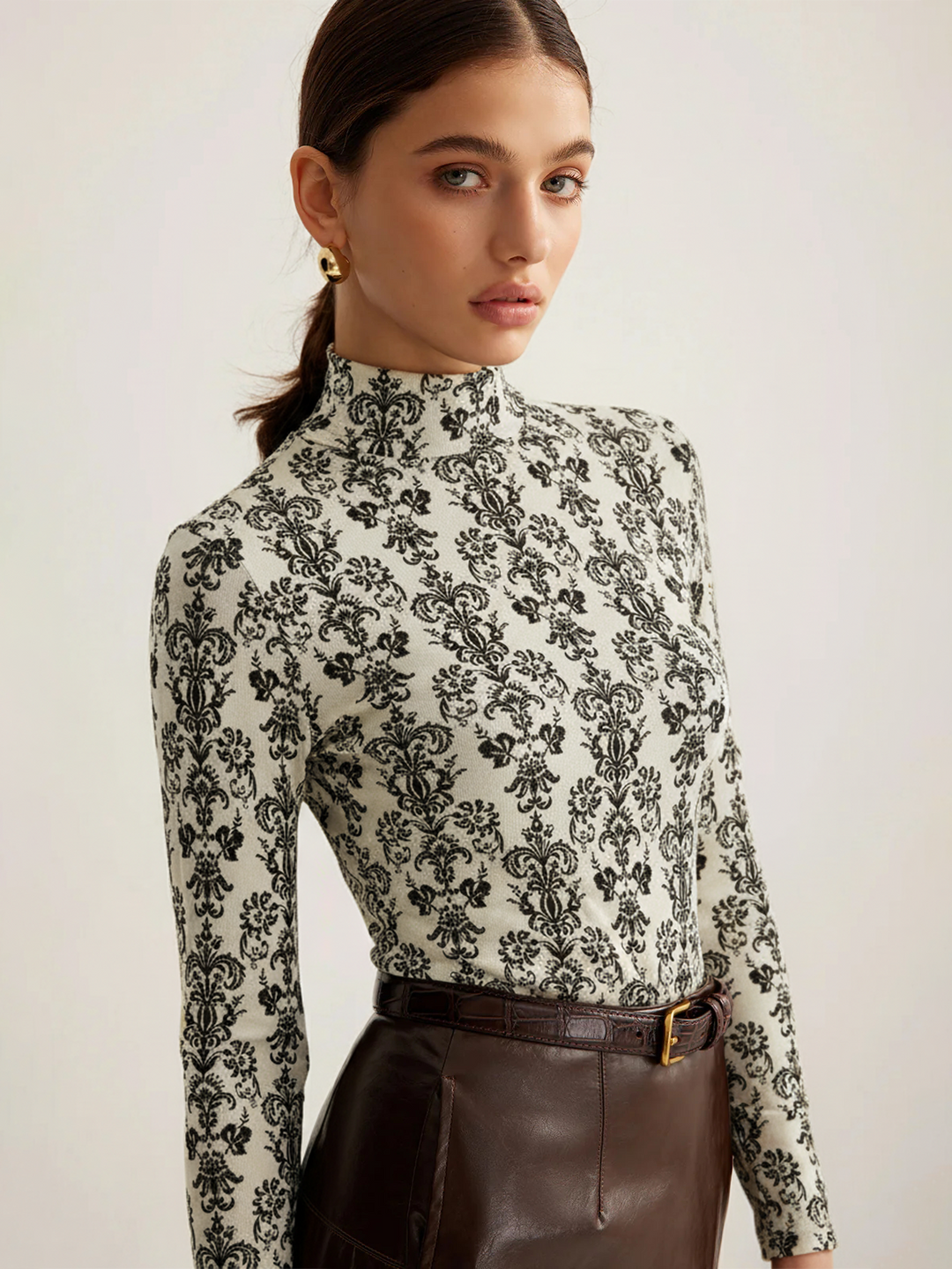 Damask Print Mock Neck T-Shirt  Liora Lane Boutique T-Shirts Off-White / XL 19.00