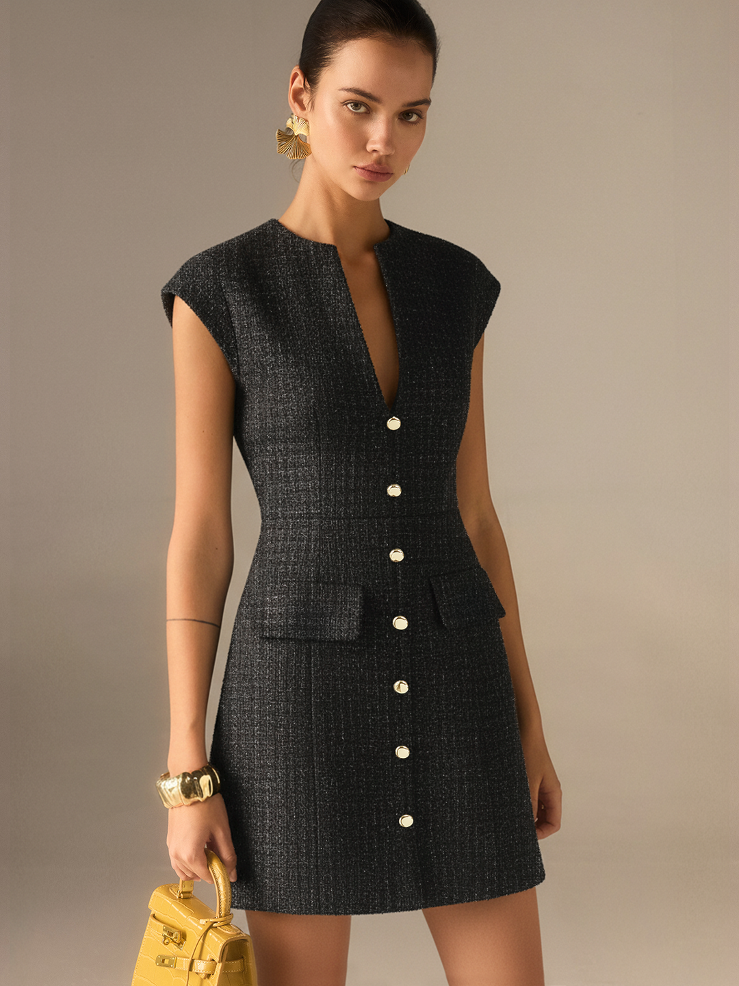 Metal Button Tweed Sleeveless Mini Dress  Liora Lane Boutique Dresses Black / XL 55.00