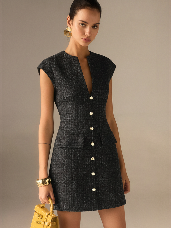 Metal Button Tweed Sleeveless Mini Dress  Liora Lane Boutique Dresses Black / XL 55.00