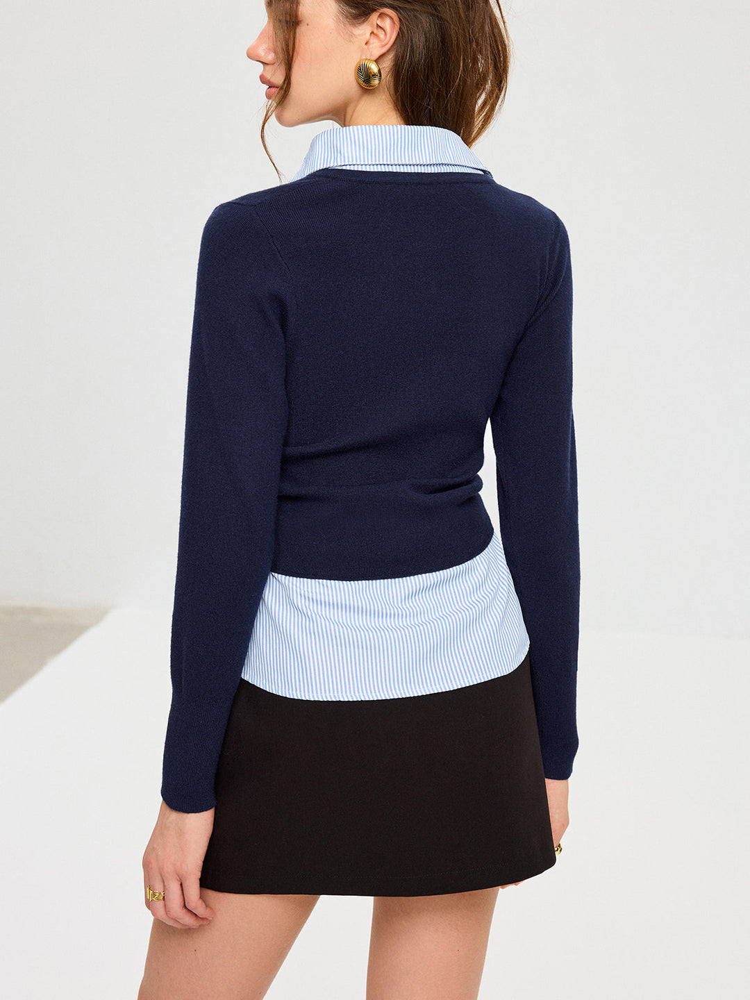 Striped Shirt Panel Metal Button Knit Top  Liora Lane Boutique Knit Tops