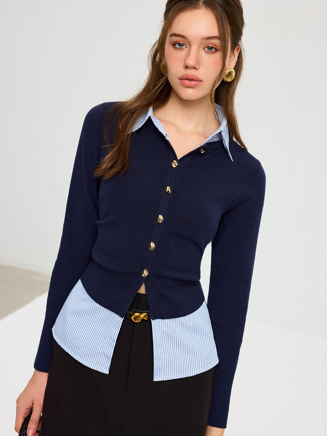 Striped Shirt Panel Metal Button Knit Top  Liora Lane Boutique Knit Tops Navy / XL 48.00