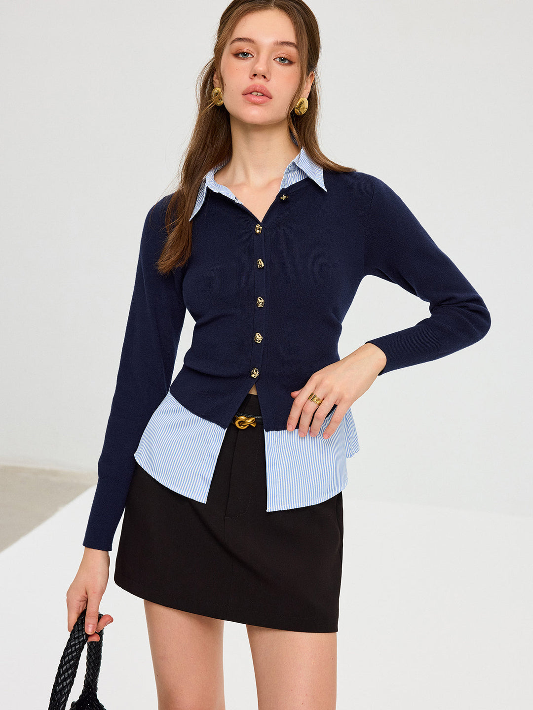 Striped Shirt Panel Metal Button Knit Top  Liora Lane Boutique Knit Tops