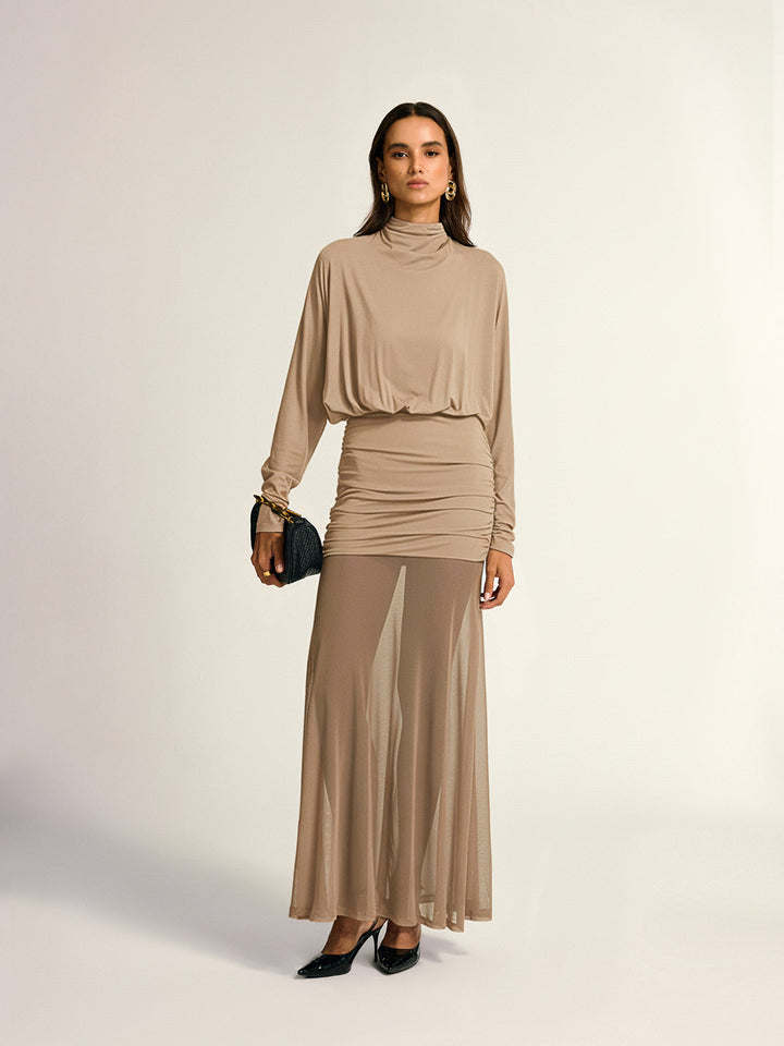 Turtleneck Long Sleeve Drape Ruched Mesh Dress  Liora Lane Boutique Dresses