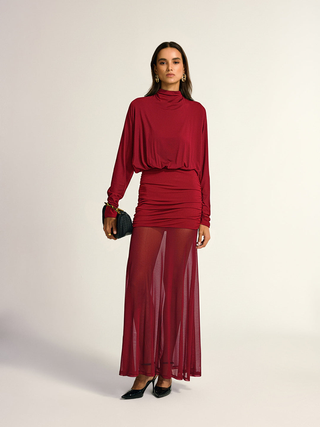 Turtleneck Long Sleeve Drape Ruched Mesh Dress  Liora Lane Boutique Dresses Red / XL 52.00