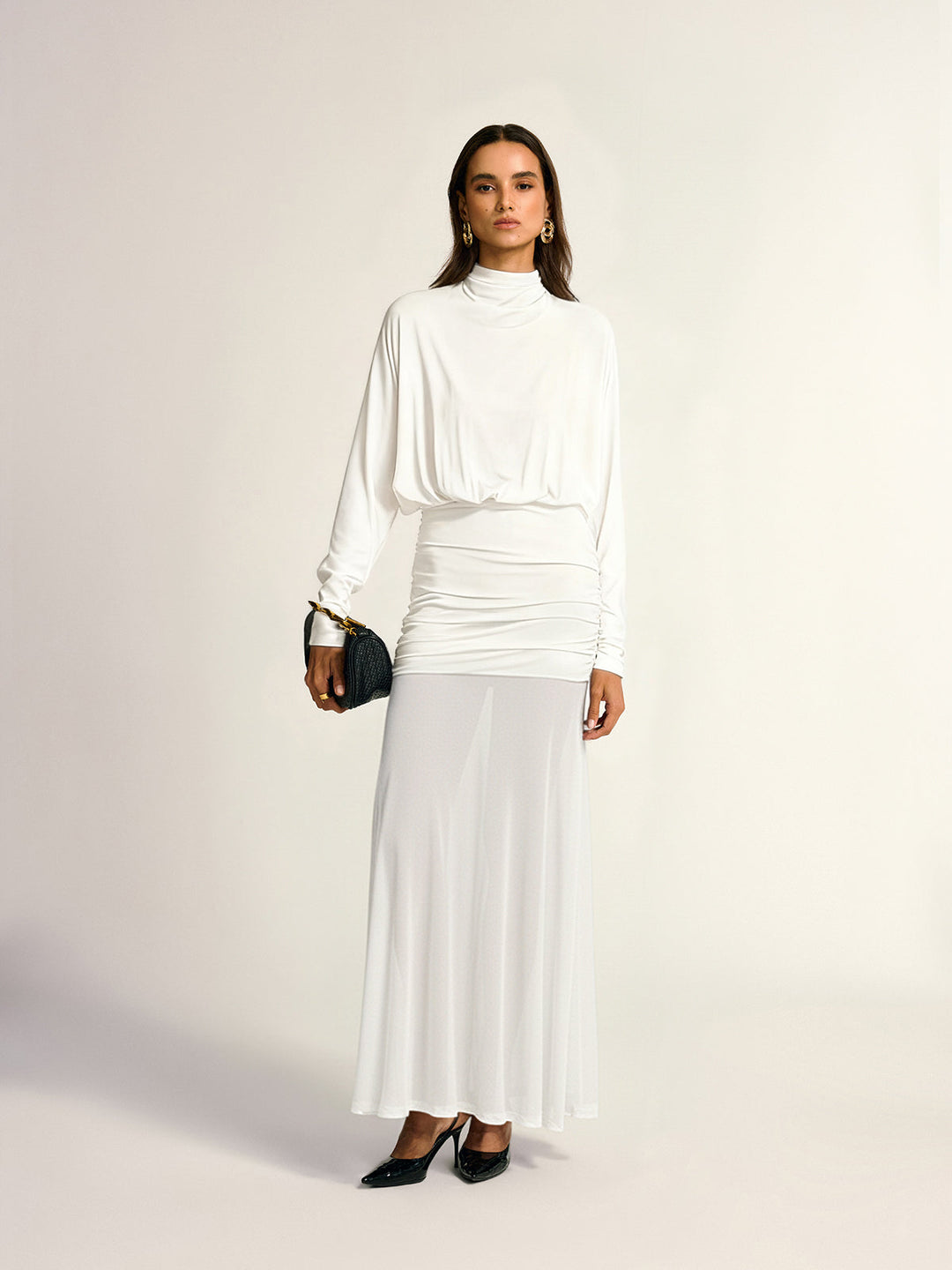 Turtleneck Long Sleeve Drape Ruched Mesh Dress  Liora Lane Boutique Dresses White / XL 52.00