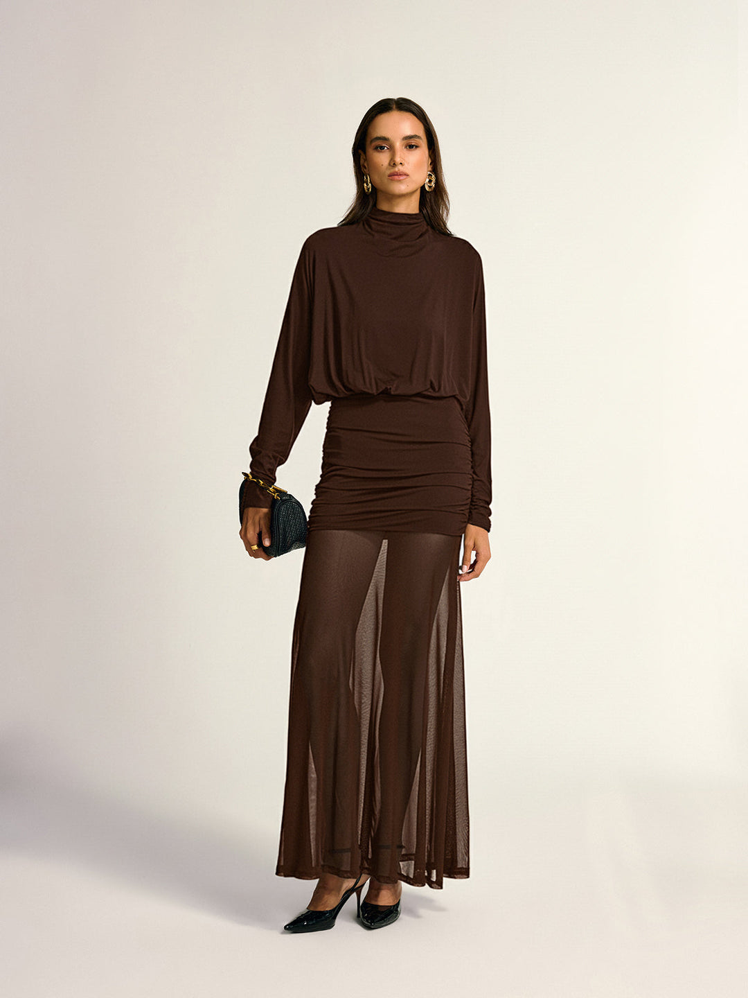Turtleneck Long Sleeve Drape Ruched Mesh Dress  Liora Lane Boutique Dresses Dark Brown / XL 52.00