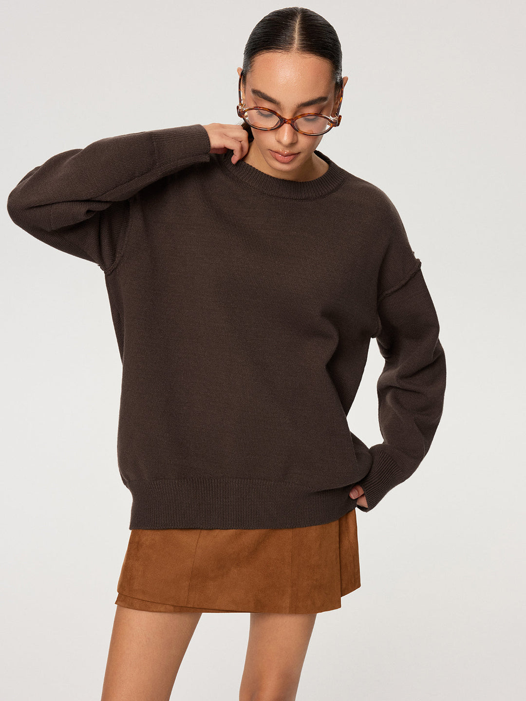 Crew Neck Oversized Knit Sweater  Liora Lane Boutique Sweaters Dark Brown / M 49.00