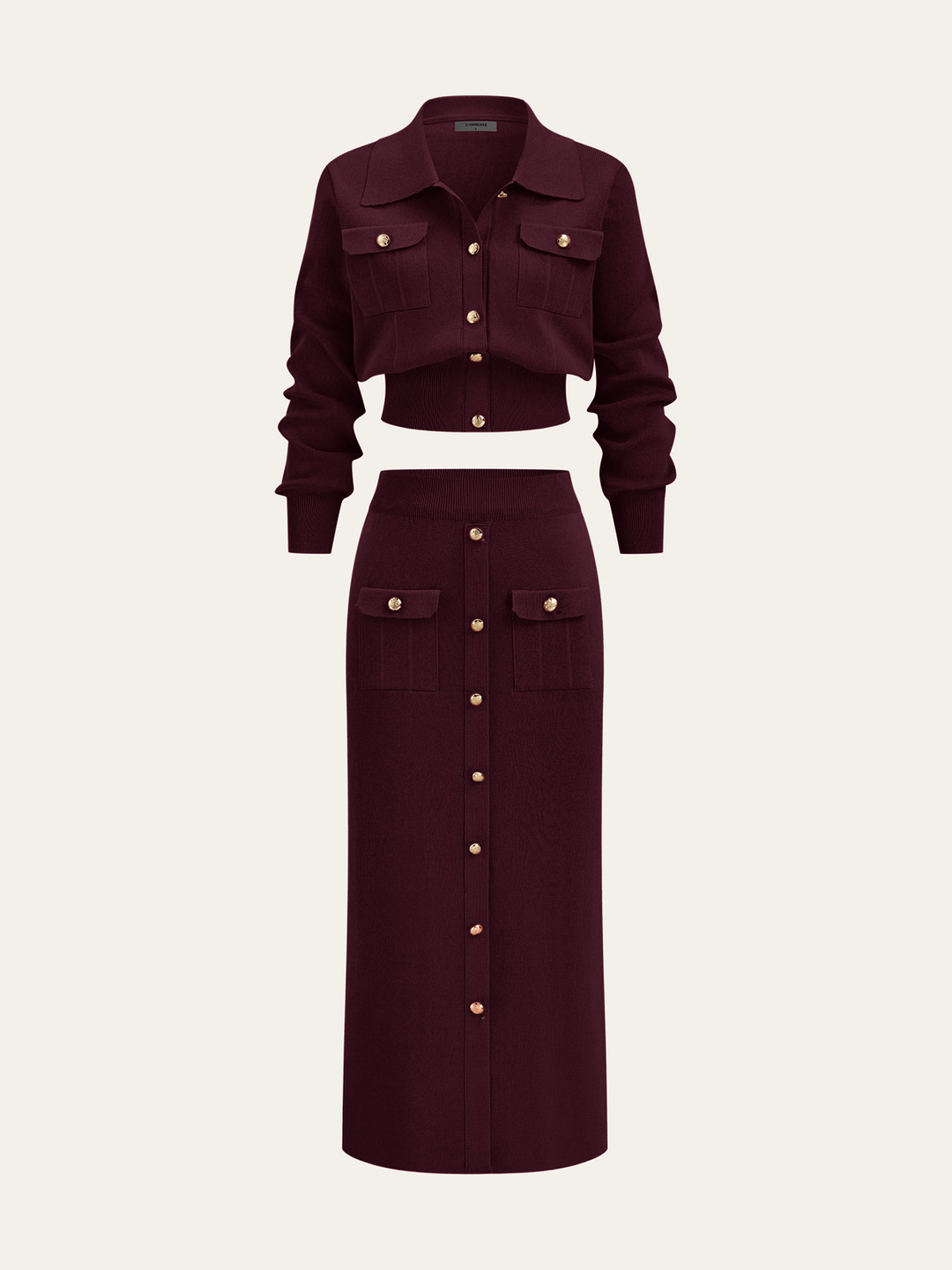 Metal Button Collared Cardigan and Midi Skirt Set  Liora Lane Boutique Sweater Co-ords Burgundy / XL 88.00