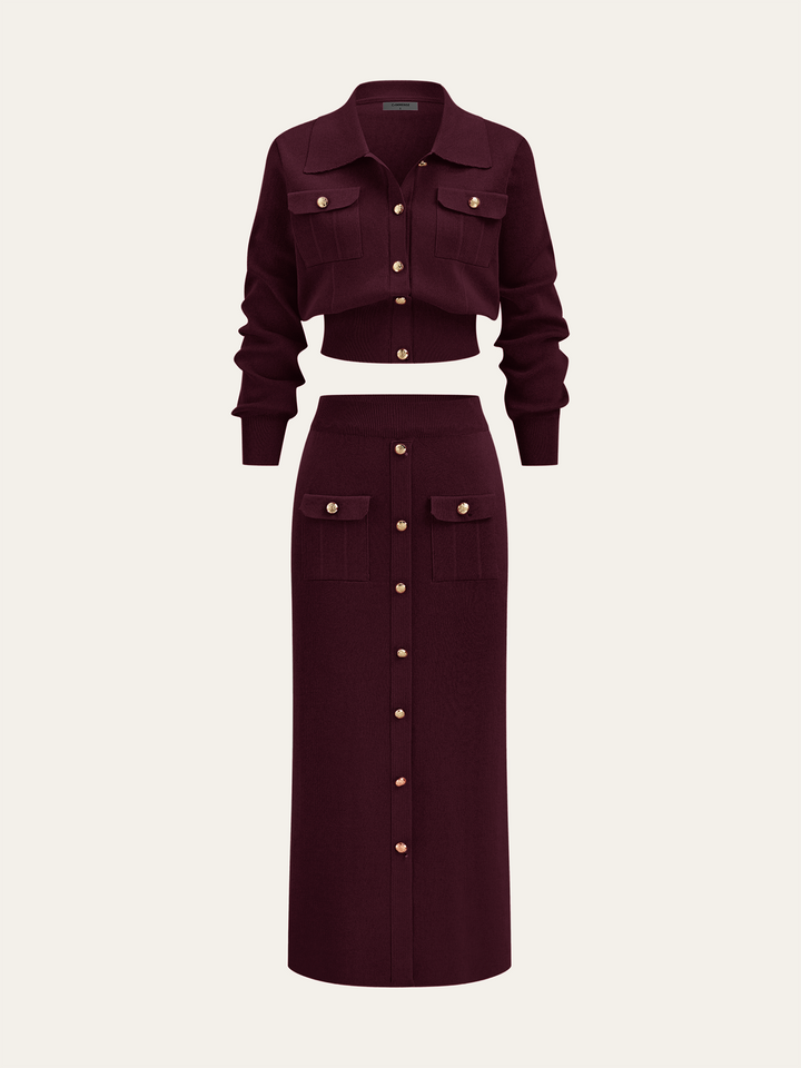 Metal Button Collared Cardigan and Midi Skirt Set  Liora Lane Boutique Sweater Co-ords Burgundy / XL 88.00
