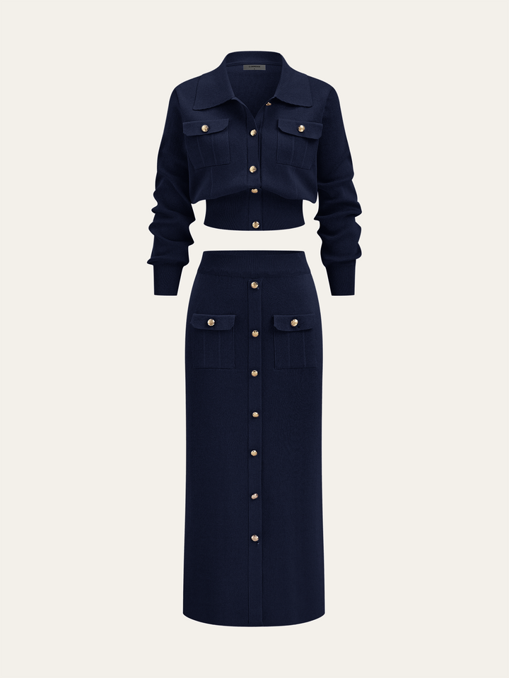 Metal Button Collared Cardigan and Midi Skirt Set  Liora Lane Boutique Sweater Co-ords