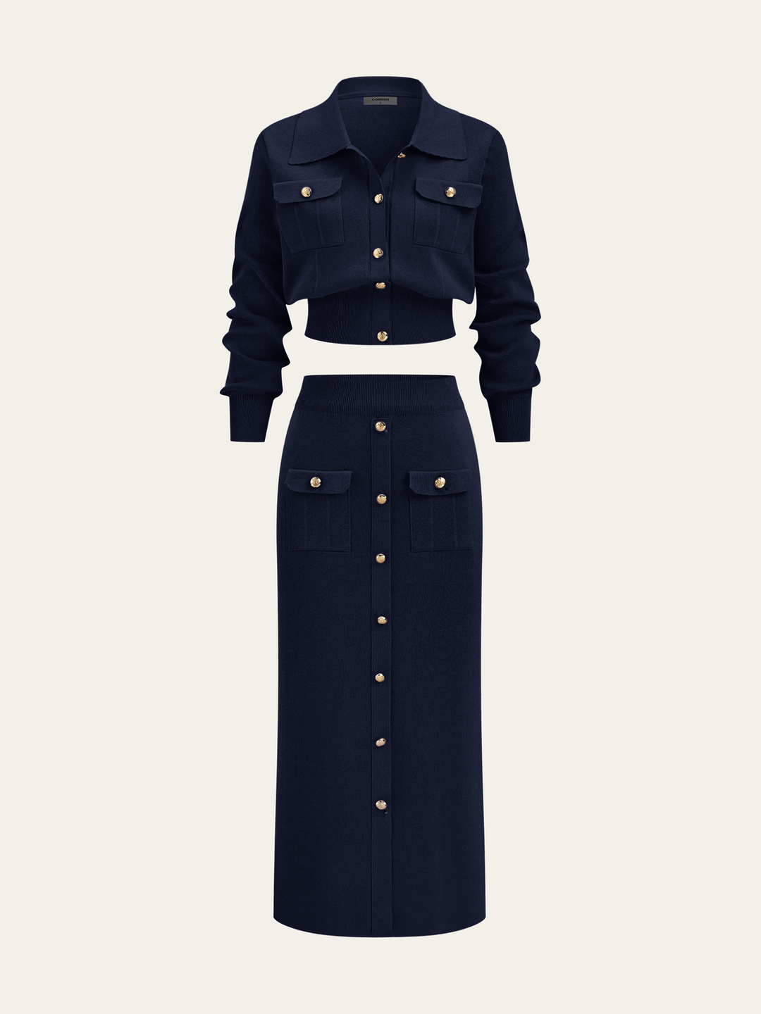 Metal Button Collared Cardigan and Midi Skirt Set  Liora Lane Boutique Sweater Co-ords