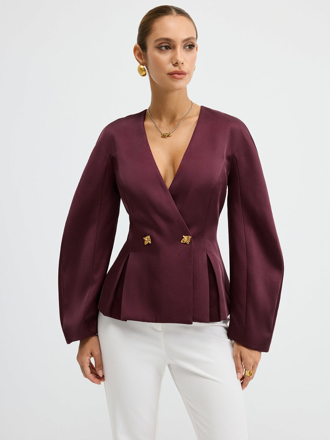 Metal Button Puff Sleeve Peplum Blazer  Liora Lane Boutique Blazers Burgundy / XL 157.00