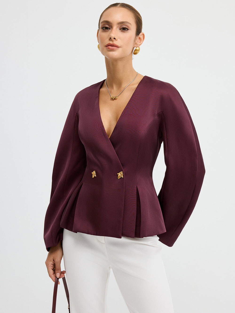 Metal Button Puff Sleeve Peplum Blazer  Liora Lane Boutique Blazers