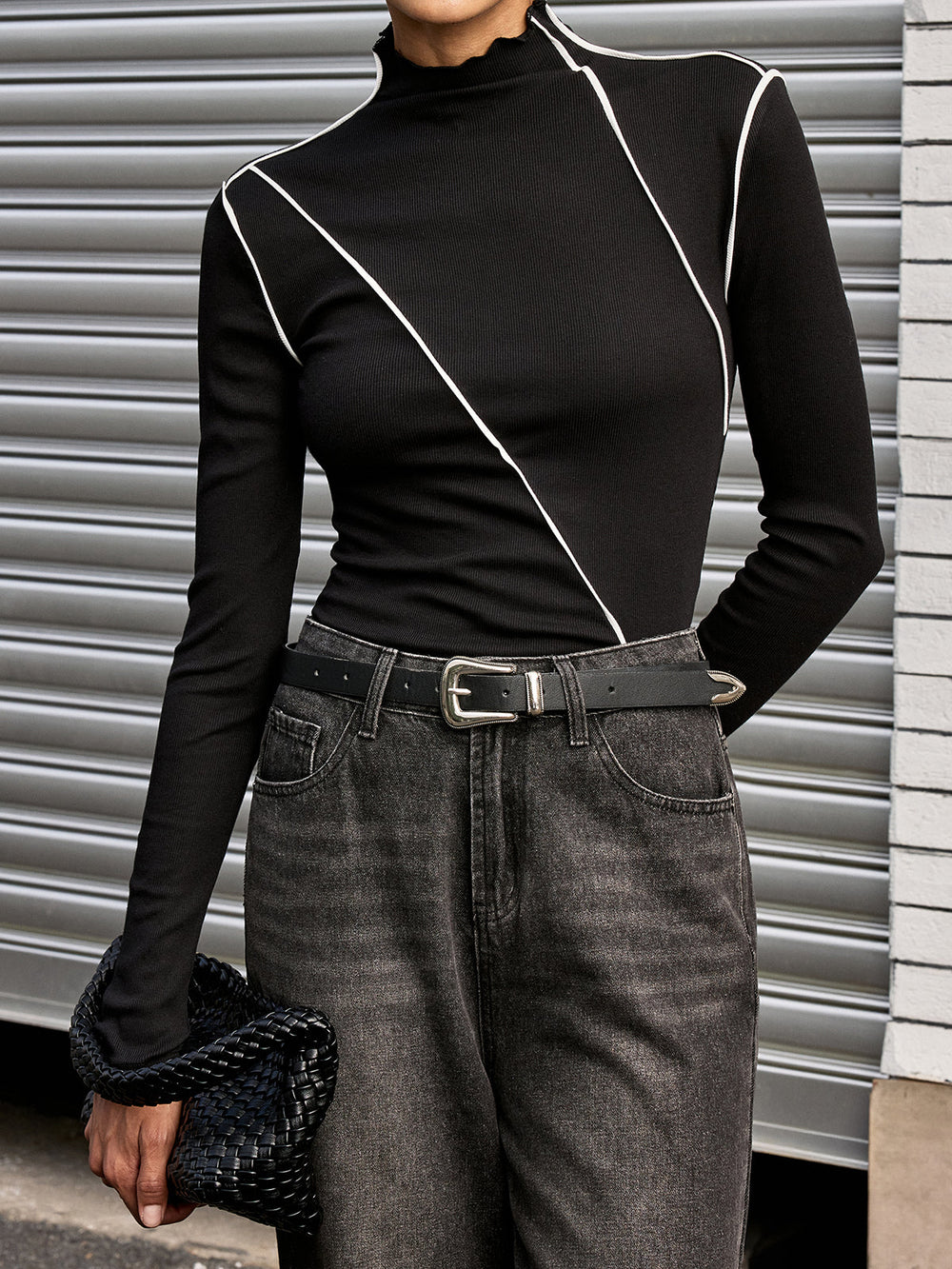 Contrast Asymmetric Piping Mock-Neck T-Shirt  Liora Lane Boutique T-Shirts