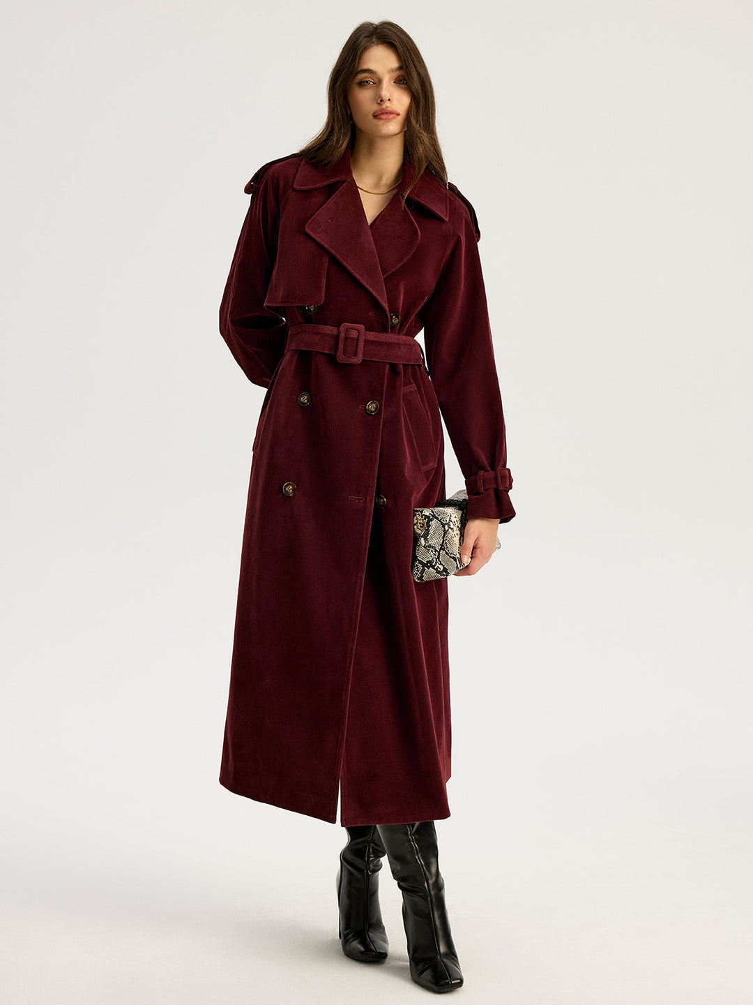 Belted Double-Breasted Suede Long Trench Coat  Liora Lane Boutique Trench Coats Red / XL 144.00